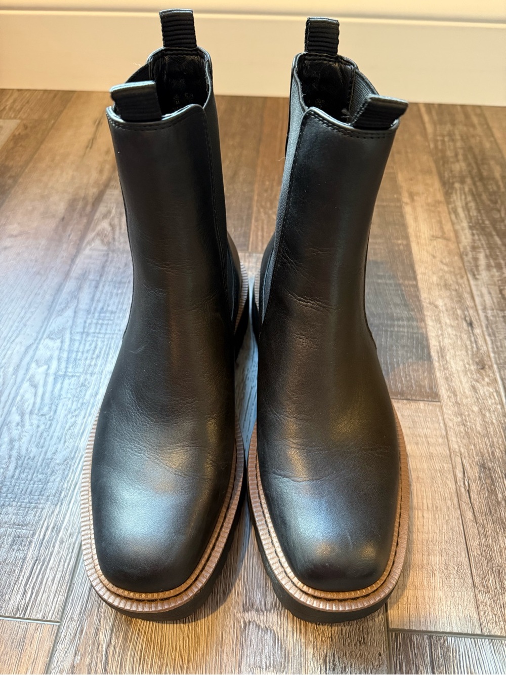 Sam Edelman Black Leather Chelsea Lug Booties with Brown Welt - Picture 3 of 12